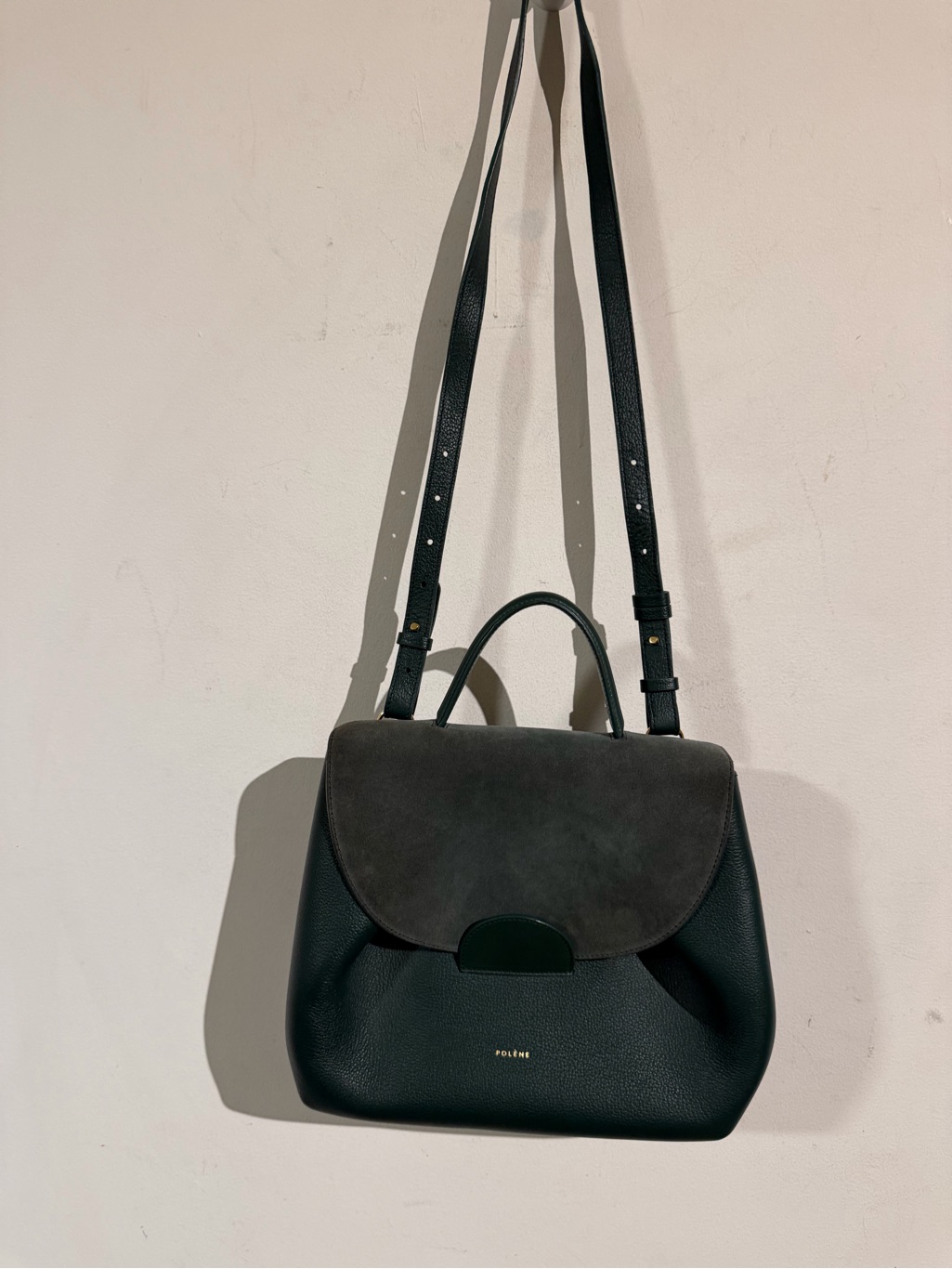 Polne Numero Dark Green Leather & Suede Shoulder Bag